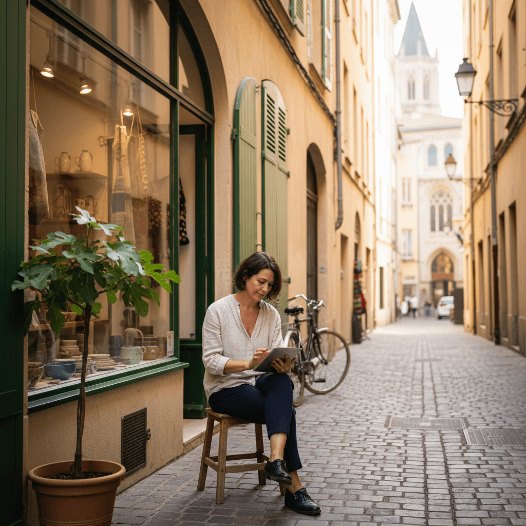 Commerçant lyonnais consultant son site internet sur tablette devant sa boutique dans le Vieux-Lyon