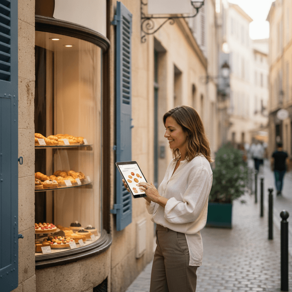 Commerçant montpelliérain consultant son site internet sur une tablette devant sa boutique