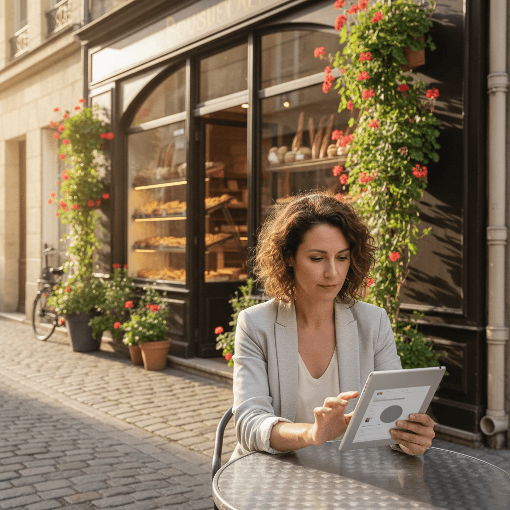Commerçant nantais consultant son site internet vitrine sur une tablette devant sa boutique