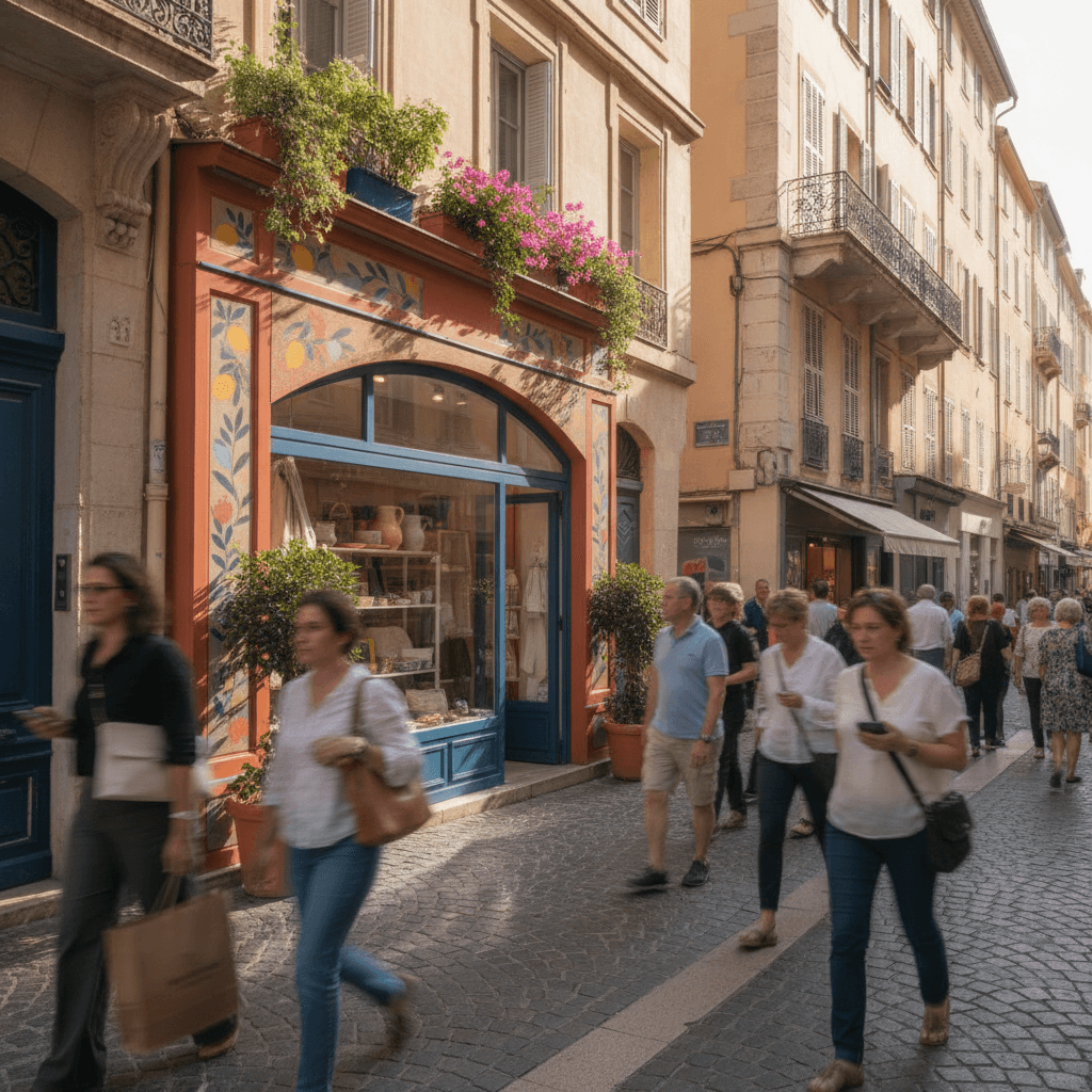 Façade d'une boutique de commerçant dans une rue commerçante de Nice, vitrine soignée en plein jour