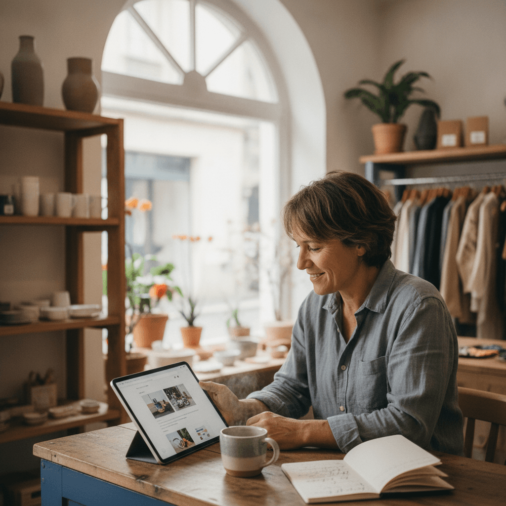 Commerçant toulousain consultant son site internet sur tablette dans sa boutique