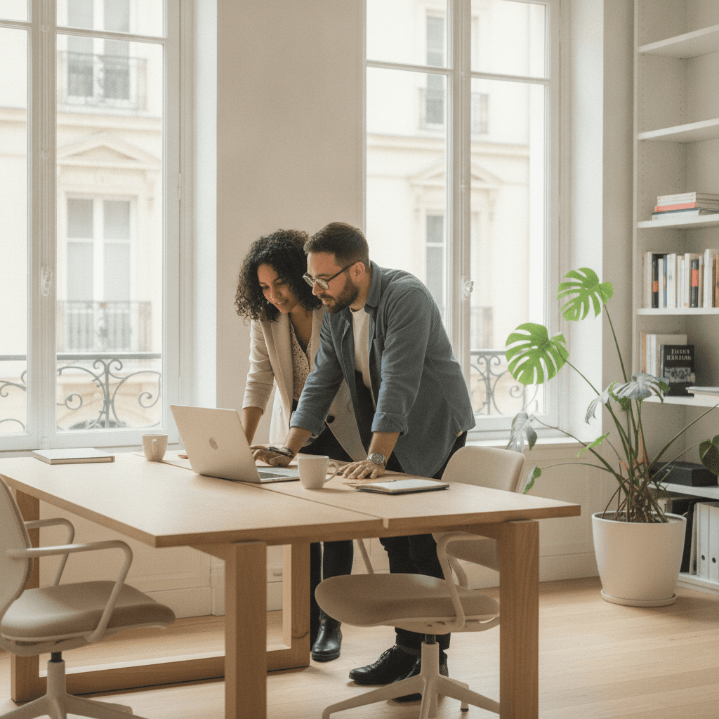 Artisan consultant un webmaster freelance dans un bureau moderne à Boulogne-Billancourt