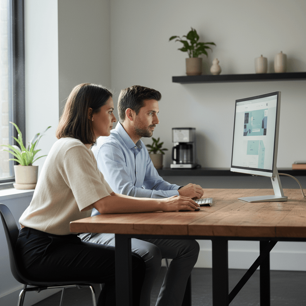 Réunion de travail dans une agence web à Saint-Denis, deux professionnels analysant la maquette d'un site vitrine sur écran