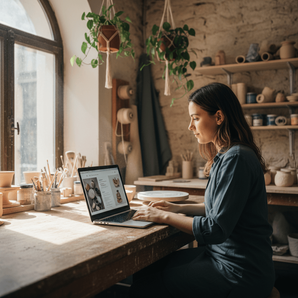 Artisan lyonnais consultant son site internet professionnel sur un ordinateur portable dans son atelier