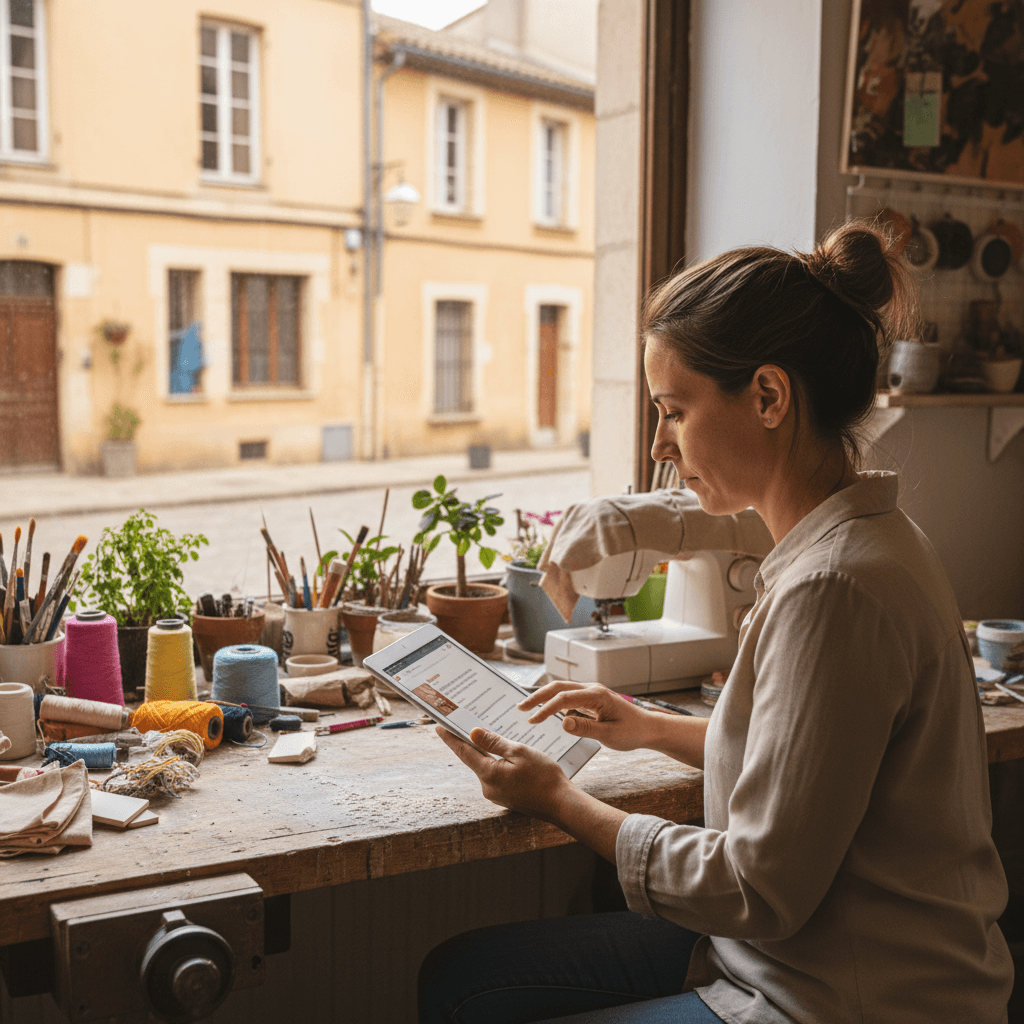 Artisan en atelier à Montreuil consultant son site internet sur une tablette, Seine-Saint-Denis