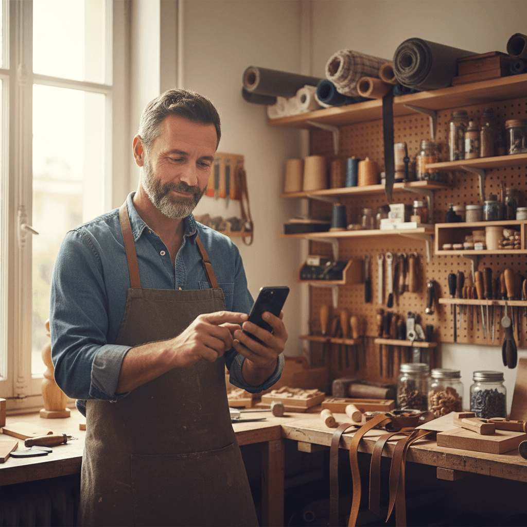Artisan à Montreuil consultant son site vitrine sur un smartphone dans son atelier
