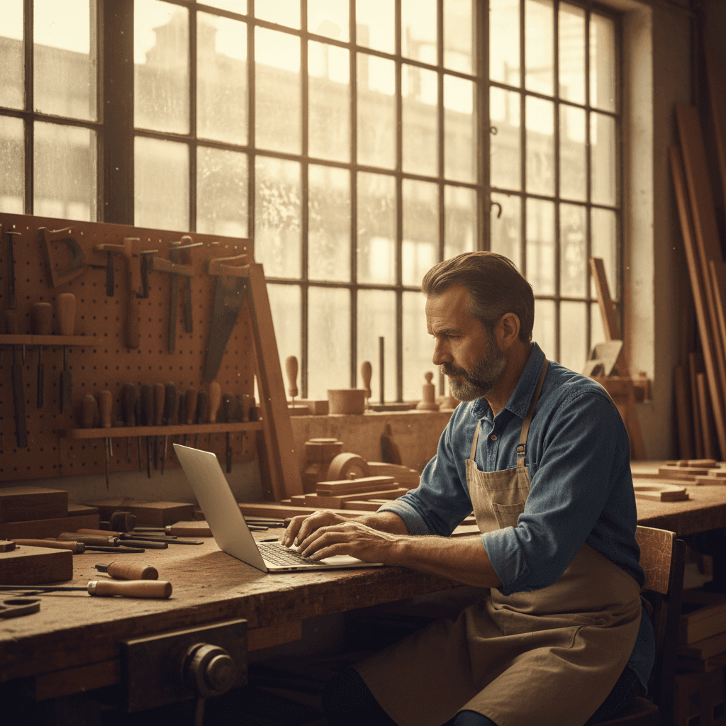 Artisan parisien dans son atelier consultant un ordinateur pour créer son site internet professionnel