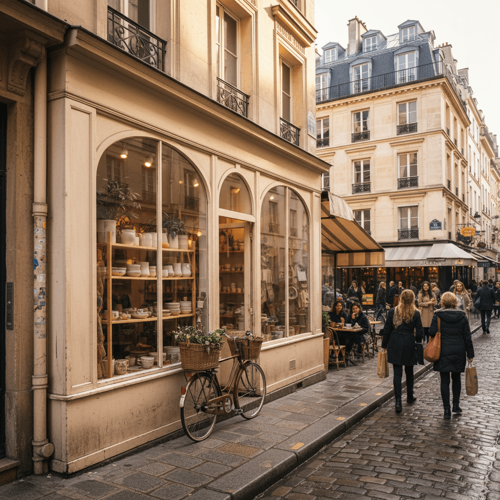 Façade d'un commerce de proximité parisien avec devanture soignée dans une rue animée d'un arrondissement central